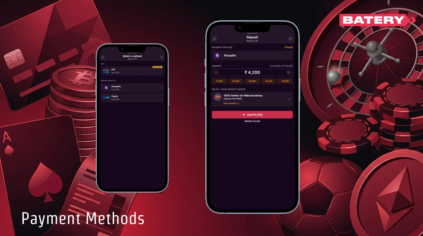 Various payment methods are available to users from India in the Batery app